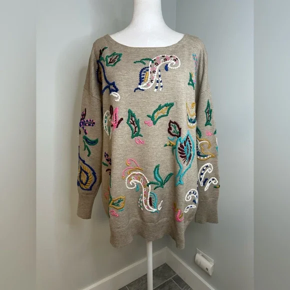 Anthropologie Embroidered Sweater  in Beige Size Large - Picture 3 of 17